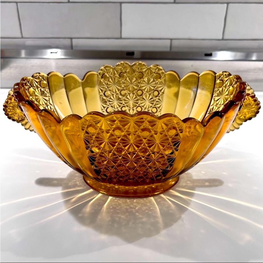 Vintage Indiana Glass Amber Daisy Button Panel Bowl Scalloped Edge handled dish